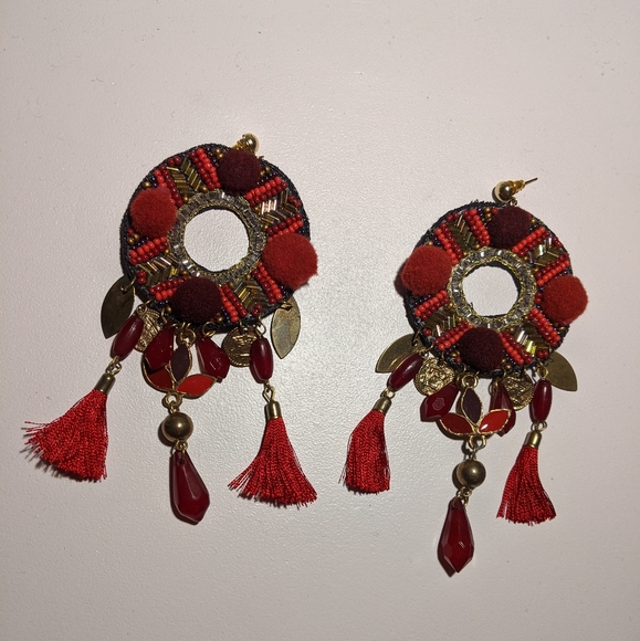 NWOT ASOS Statement Pom and Beaded Tassel Earrings - Picture 2 of 4
